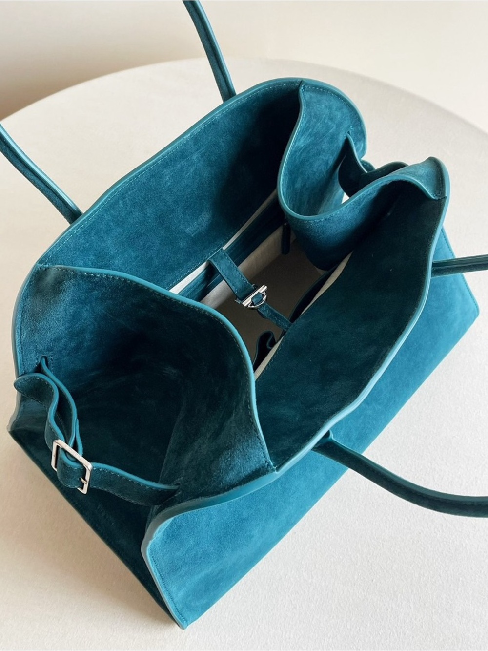 The Row Teal Suede Dome Satchel with Detachable Strap - Picture 8 of 8